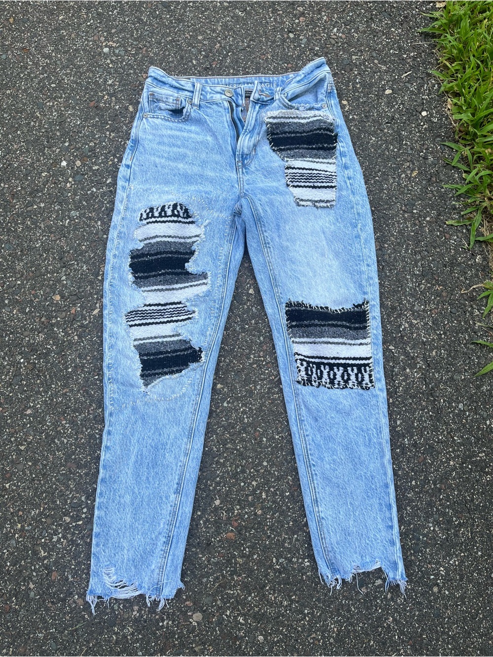 OOAK reworked Light Blue Distressed Jeans with Black & White Patchwork
